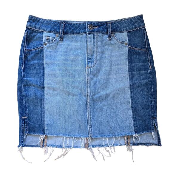 Paige Patchwork Frayed Denim Jean Mini Skirt 26 Boho Y2K - Picture 1 of 7